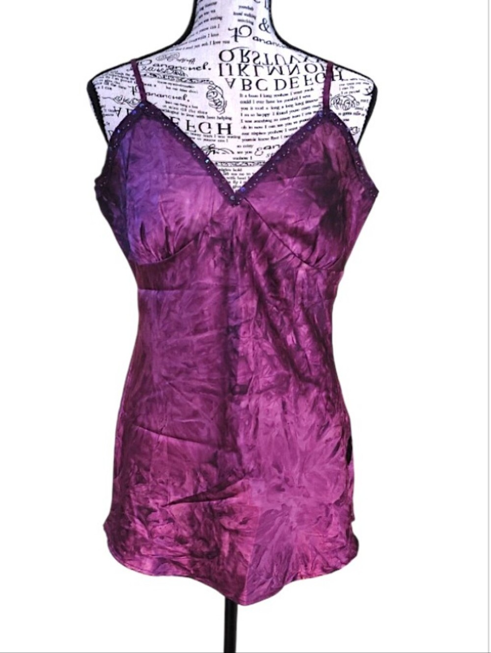 Y2K Vtg Purple Satin Sequin Trim Fairycore Camisole Large Mini Slip Dress